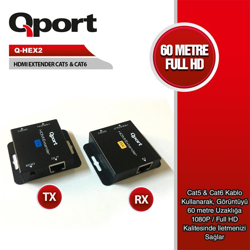 Qport Q-hex2 Hdmi Extender Cat6 60m 2 Li Paket (adaptor Dahil)