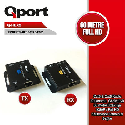 Qport Q-hex2 Hdmi Extender Cat6 60m 2 Li Paket (adaptor Dahil)