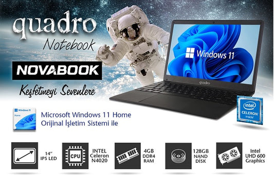 QUADRO NovaBook GN15-140P-CJ N4020 4GB 128GB SSD O/B Intel UHD 14" W11H Siyah Notebook