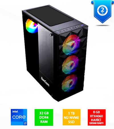 SUNCOM Gaming SG1-145 i7-12700F 32GB 1TB SSD 8gb RTX4060 DOS Masaüstü PC