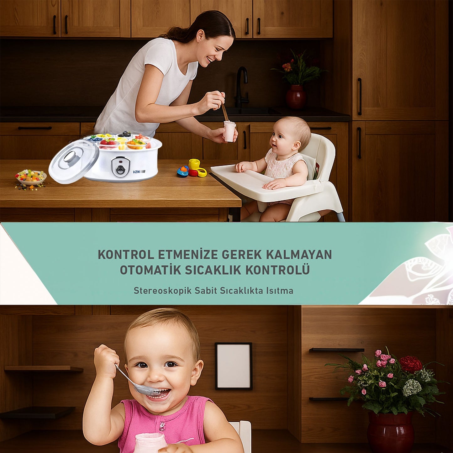 VZN 20W 1,5Lt. 7 Kavanozlu  Bebek Ek Gıda Başlangıç Seti ve Profesyonel Yoğurt Mayalama Makinesi
