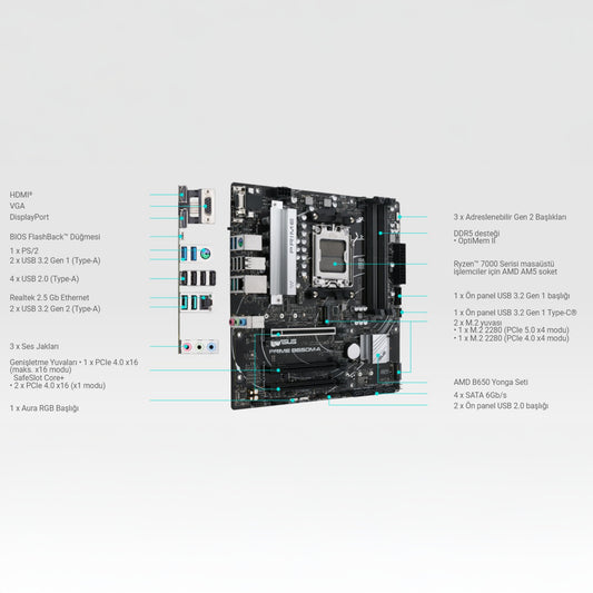 ASUS PRIME B650M-A B650 DDR5 (Vga Yok) GLan 2.5G mATX HD DP 2xM2 USB3 RGB AM5 AMD Anakart