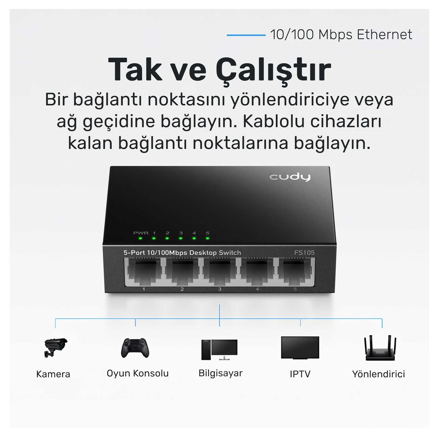Cudy FS105 5Port 10/100Mbps Duvar Montajlı Metal Masaüstü Switch
