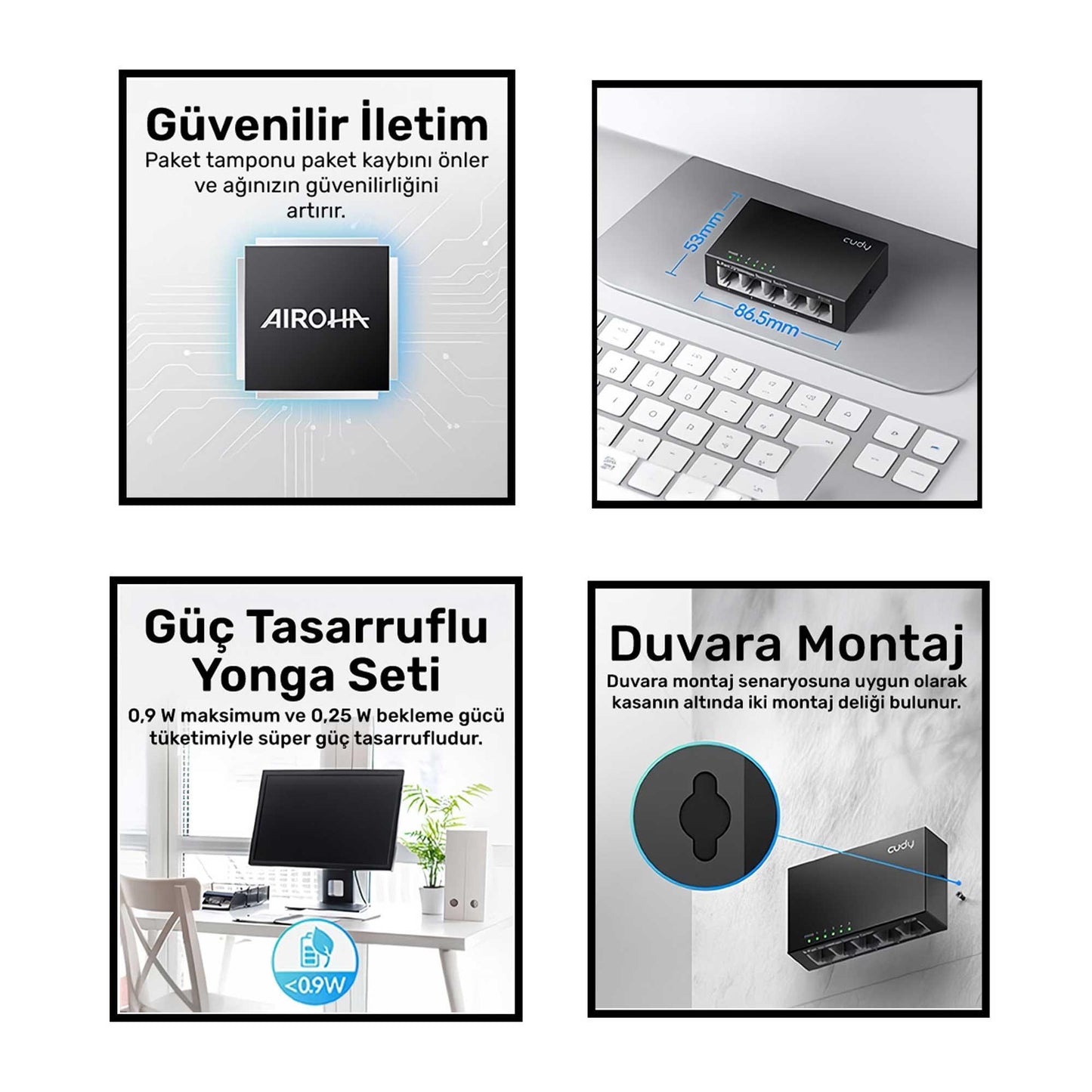 Cudy FS105 5Port 10/100Mbps Duvar Montajlı Metal Masaüstü Switch