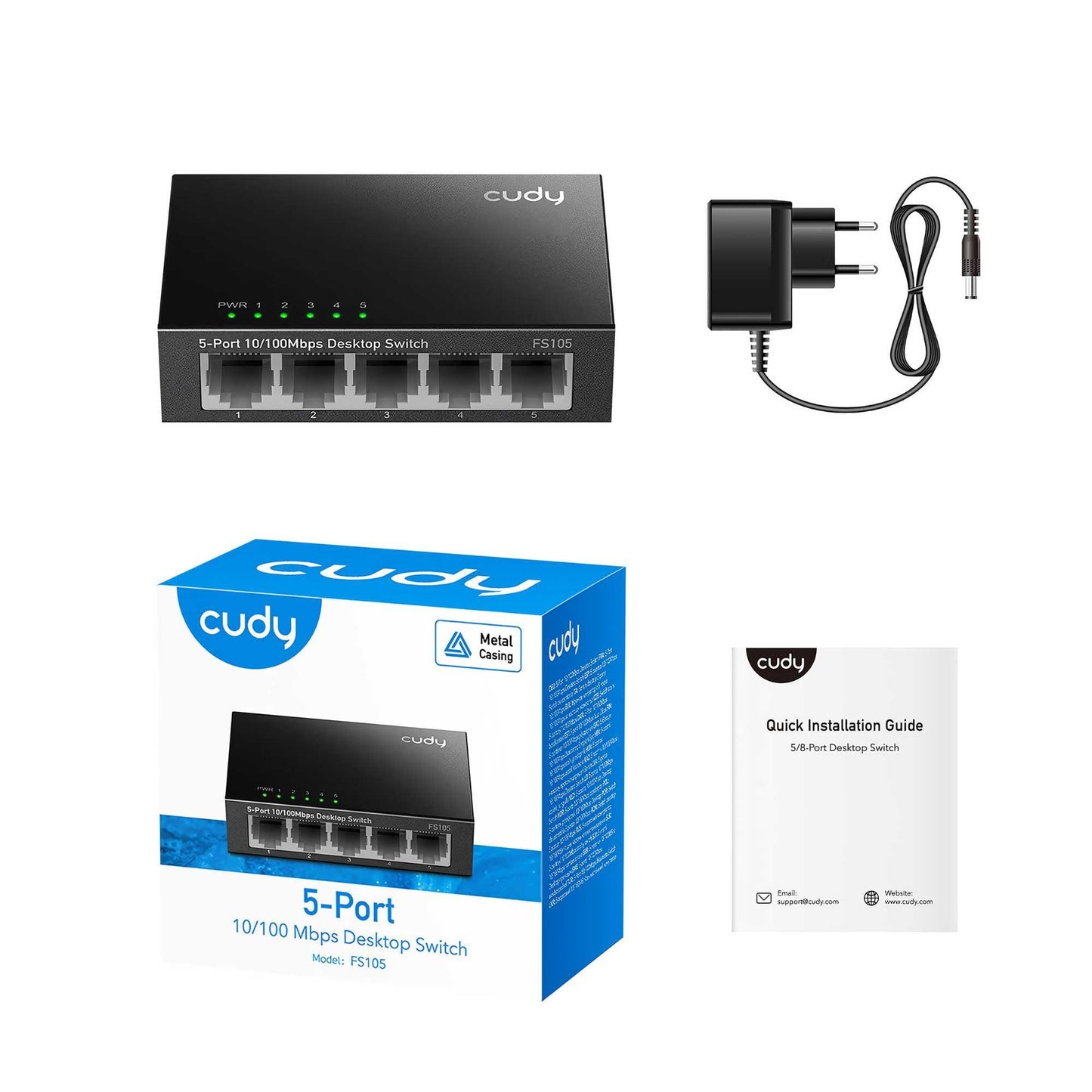 Cudy FS105 5Port 10/100Mbps Duvar Montajlı Metal Masaüstü Switch