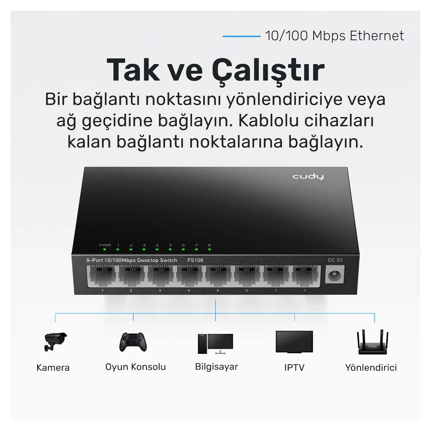 Cudy FS108 8Port 10/100Mbps Duvar Montajlı Metal Masaüstü Switch