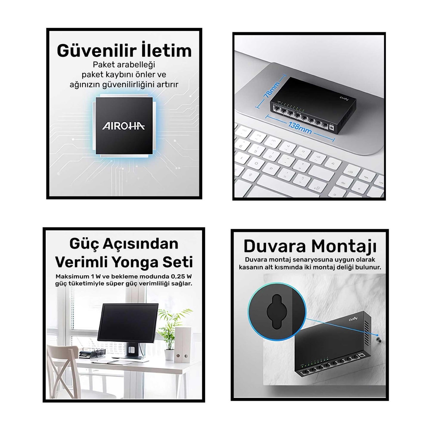Cudy FS108 8Port 10/100Mbps Duvar Montajlı Metal Masaüstü Switch