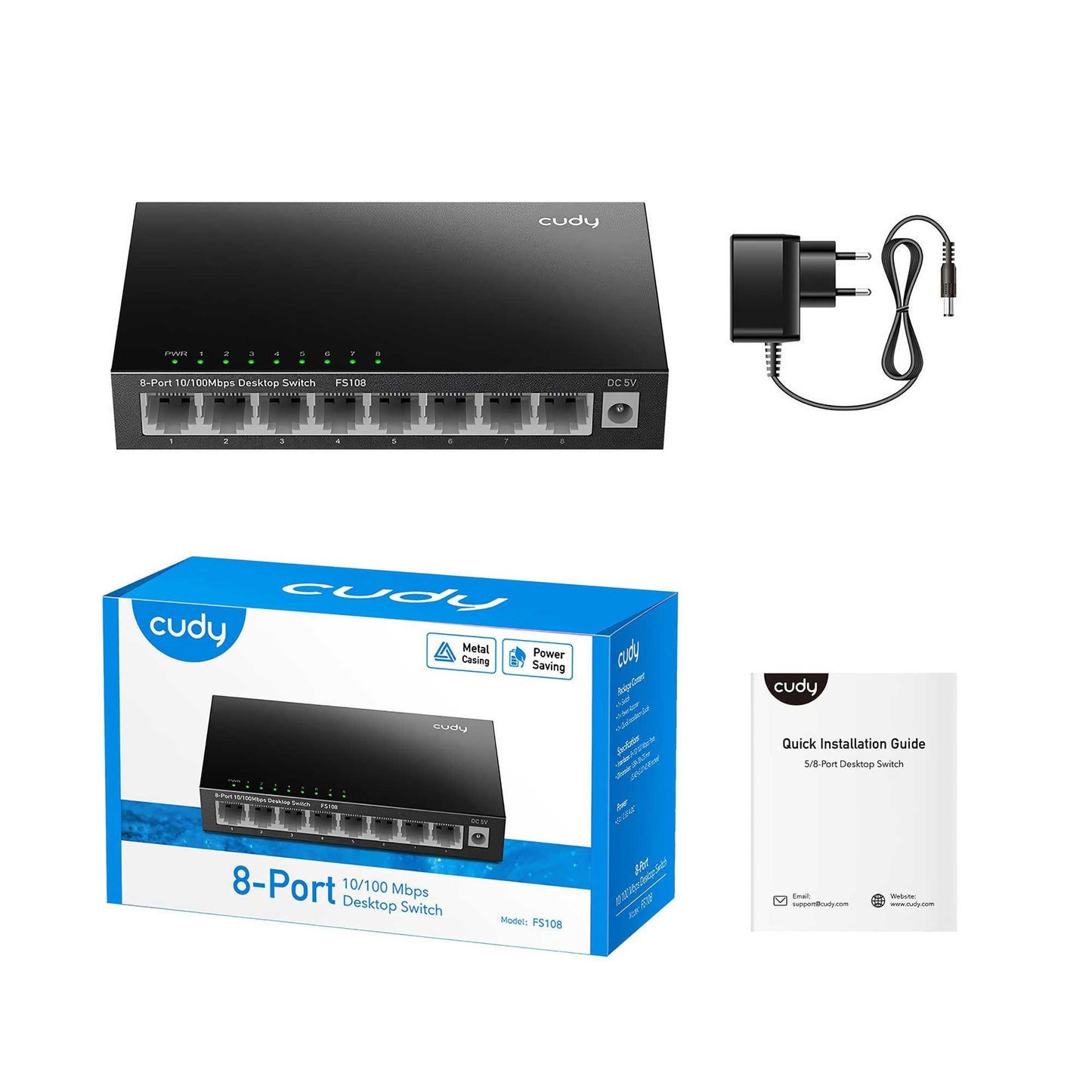 Cudy FS108 8Port 10/100Mbps Duvar Montajlı Metal Masaüstü Switch