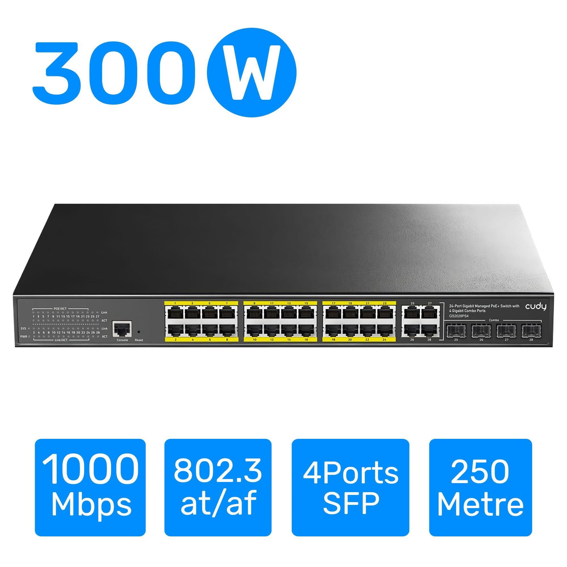 Cudy GS2028PS4 4Port Combo,1Port Konsol,24Port Gigabit 300wPoE Yönetilebilir Rack Mount Metal Switch