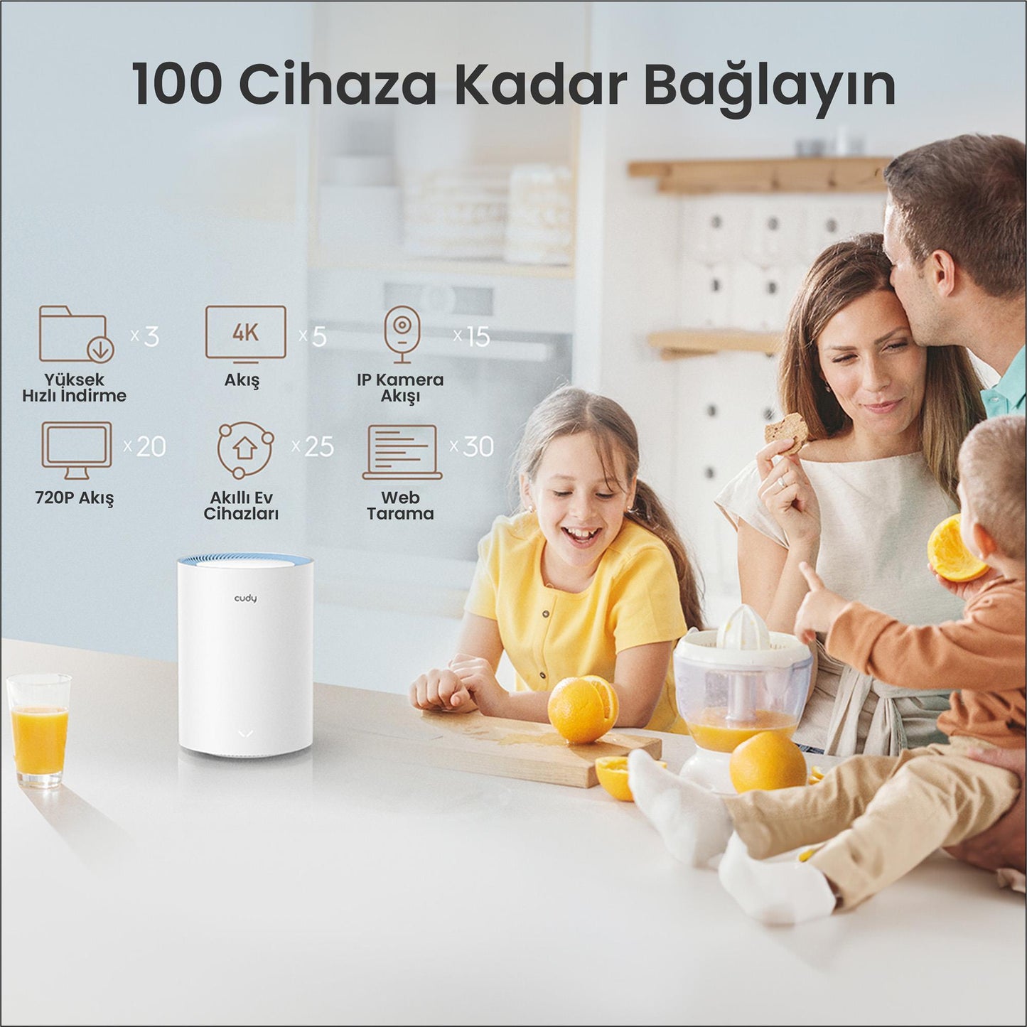 Cudy M1200 5GHz 867Mbps, 2.4GHz 300Mbps, 2 Port, 2X5dBi anten, Wi-Fi Mesh Menzil Genişletici Router