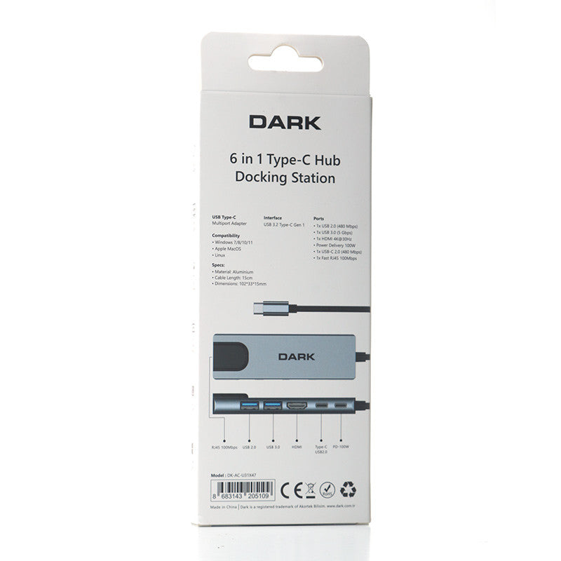 DARK DK-AC-U31X47 6'sı 1 Arada USB 3.2 Type-C to Ethernet / HDMI USB 3.0 - USB 2.0 / USB-C 65W Macbook Port Çoklayıcı HU