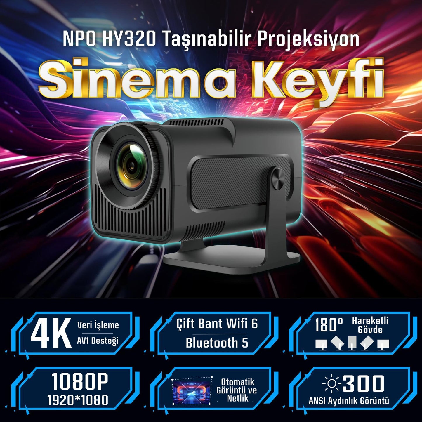 NPO 4K Android11 BT5.0 Wifi 6 300ANSI Lümen IOS/Android Taşınabilir Akıllı LED Projeksiyon HY320