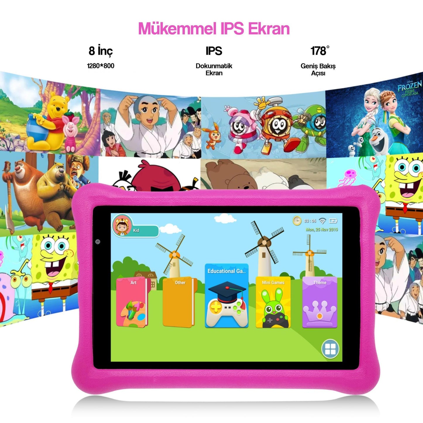 NPO 8" IPS Ekran 4GB 64GB Android 13.0 A133P 1.8GHz Antişok Çocuk Tableti, Kids Tablet Pembe RS407+