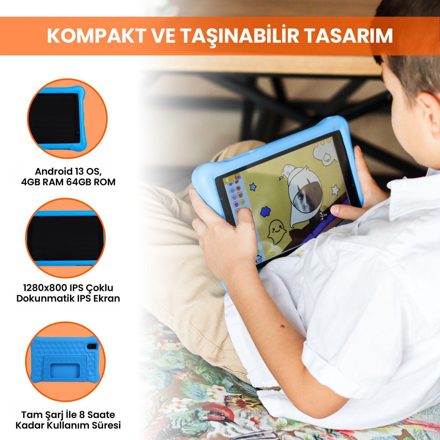 NPO 8" IPS Ekran 4GB 64GB Android 13.0 A133P 1.8GHz Antişok Çocuk Tableti Kids Tablet Mavi RS407+