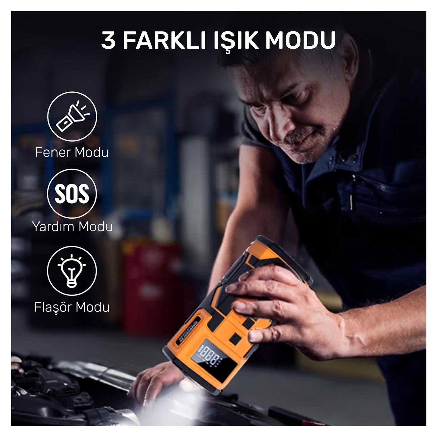 NPO A5577 Kablolu/Kablosuz 8000mAh Şarjlı Taşınabilir Araç Akü Takviyeli, Powerbank Destekli Reflektör Ledli 5in1 Oto Hava Pompası