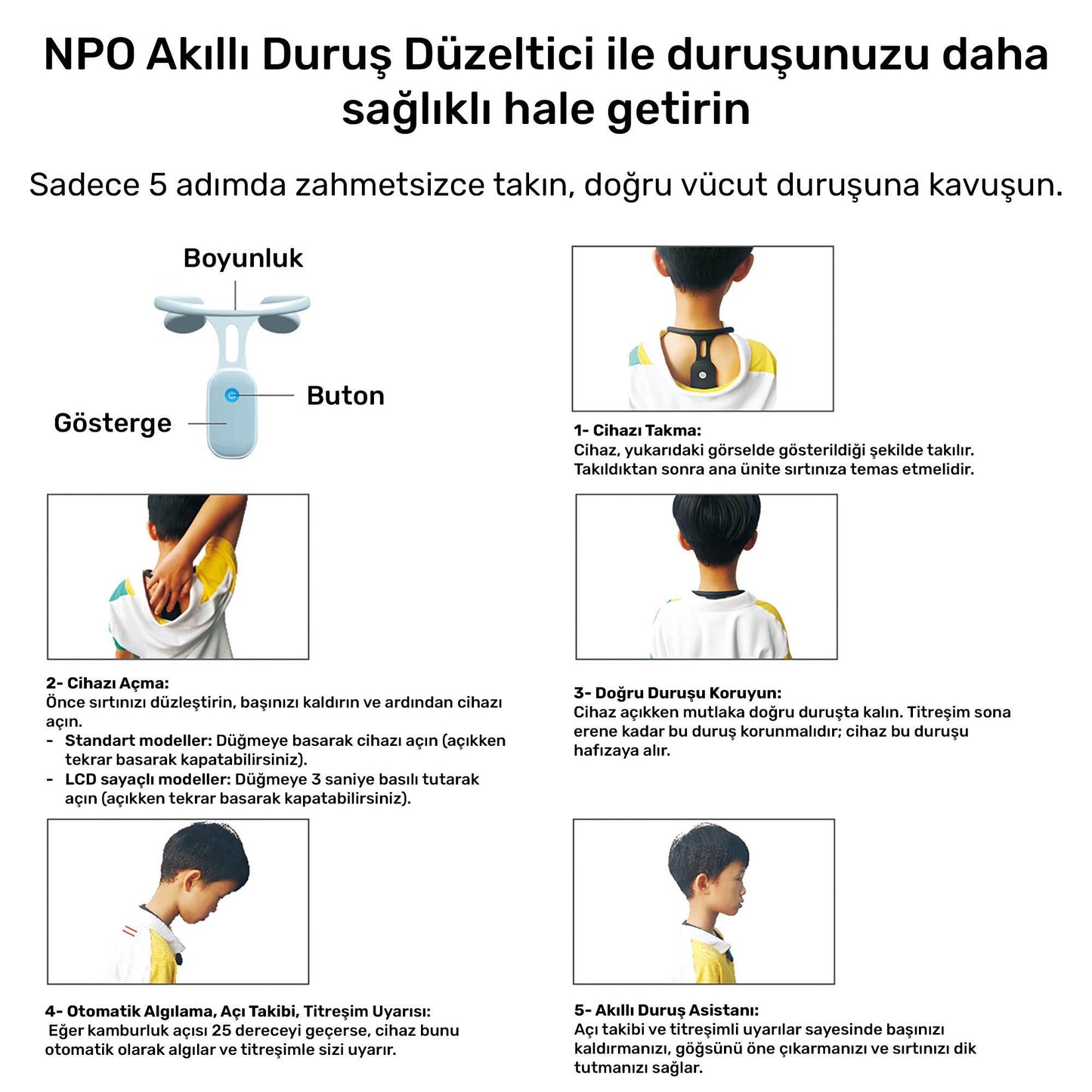 NPO ADD01S Şarjlı Titreşimli Otomatik Hatrlatıcı,Kamburluk Giderici Ergonomik Akıllı Duruş Düzeltici