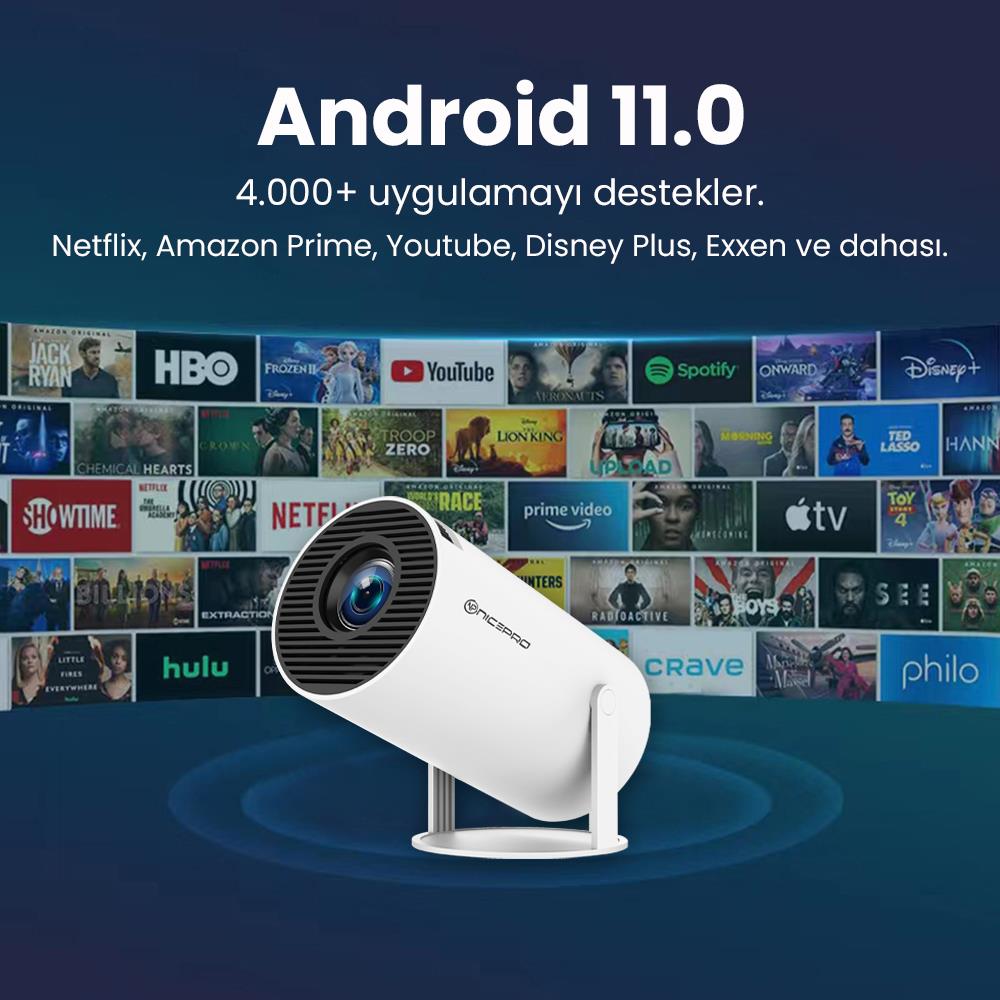 NPO HY300+ FullHD Android11 BT5.0 Wifi5 120ANSI Lümen IOS/Android Taşınabilir Akıllı LED Projeksiyon