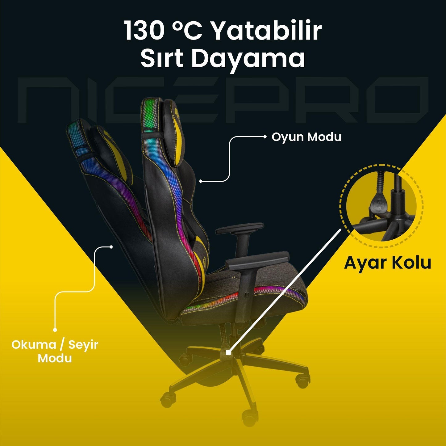 NPO GC2001YB 2D Kolçaklı,RGB Ledli,Boyun ve Sırt Destekli Oyuncu Koltuğu,Sarı-Siyah OUTLET