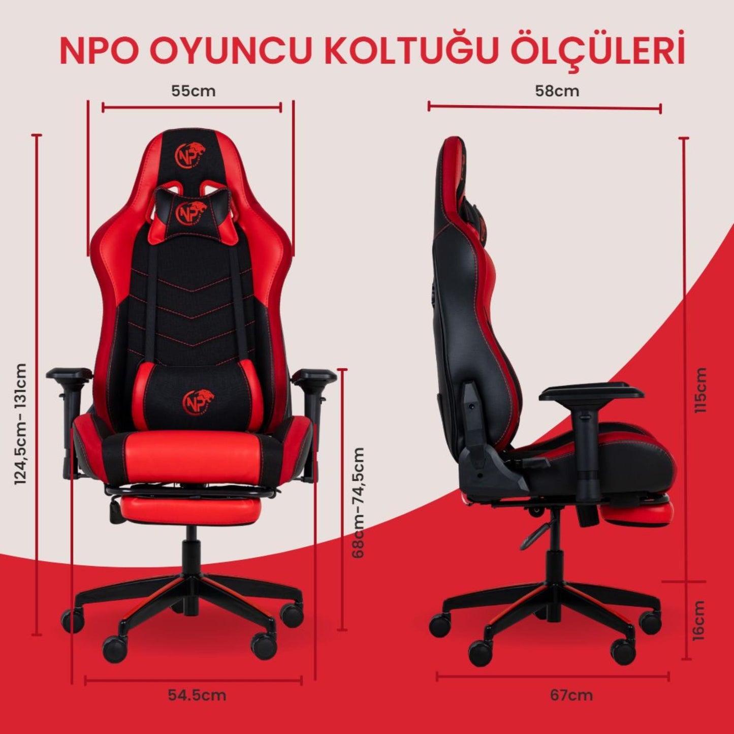 NPO GC3001BR Masajlı,RGB,4D Kolçaklı,Ayak Destekli Oyuncu Koltuğu, Kırmızı- Siyah