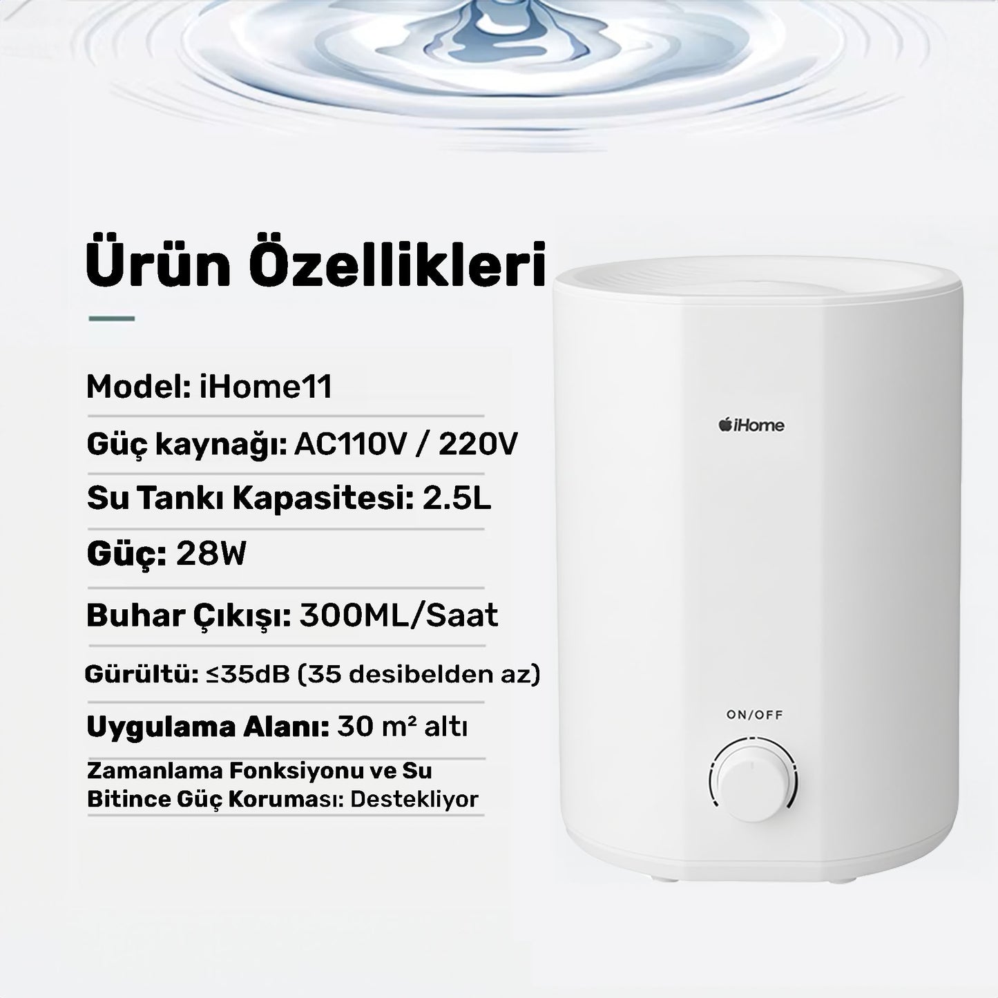 NPO iHome11 2500ml Ayarlanabilir Aromaterapi Difüzör Ultrasonik Hava Nemlendirici Buhar Makinesi