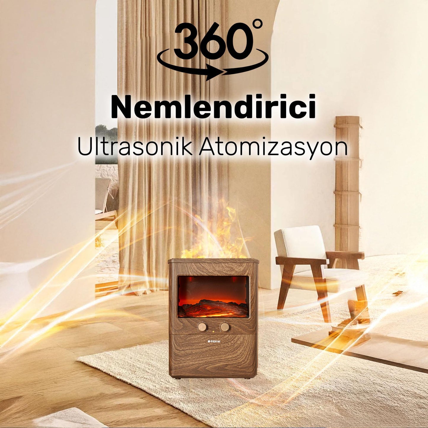 NPO iHome NPD3L 3D Şömine Efektli 3L Aromaterapi Difüzör Ultrasonik Hava Nemlendirici Buhar Makinesi