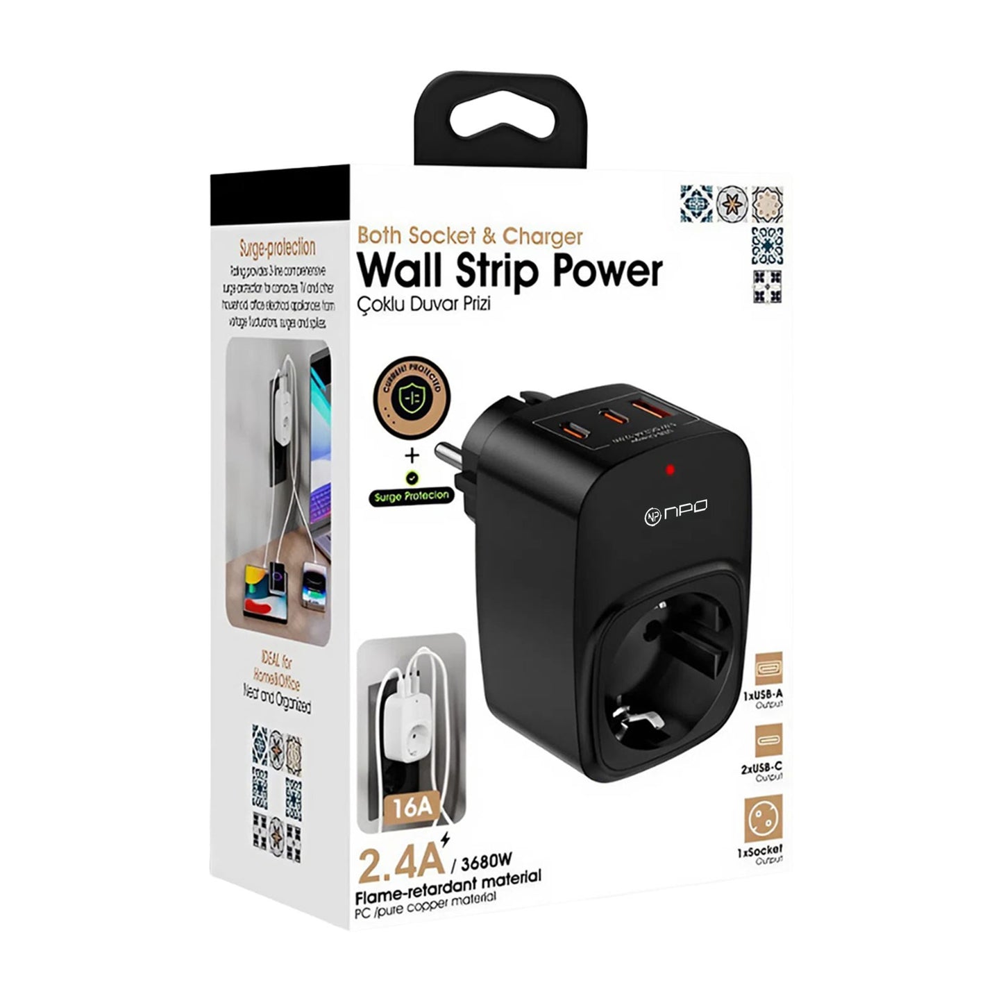 NPO Fulltech24 3680W Yüksek Voltaj/Akım ve Çocuk Korumalı Type-C ve USB Çoğaltıcı Duvar Prizi