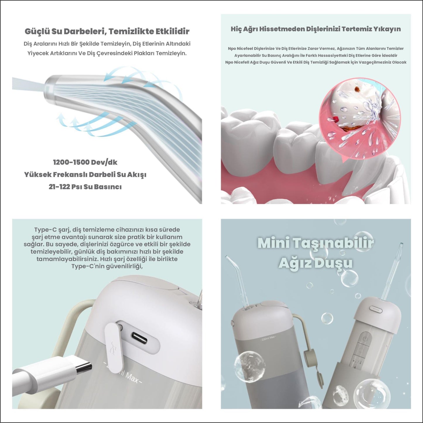NPO Nicefeel FC5170 Mini Taşınabilir,Şarjlı,Masajlı, Diş Teli/Protez Bakım ve Profesyonel Ağız Duşu