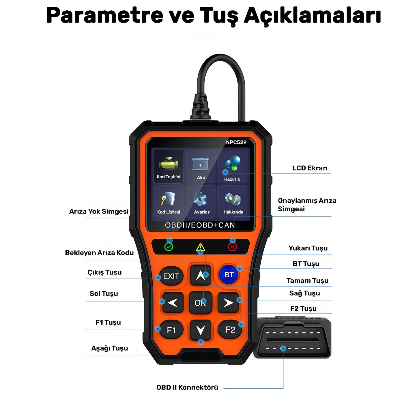 NPO NPC529 Türkçe OBDII/EOBD+CAN Modlu Araç Arıza Tespit/Silme Cihazı