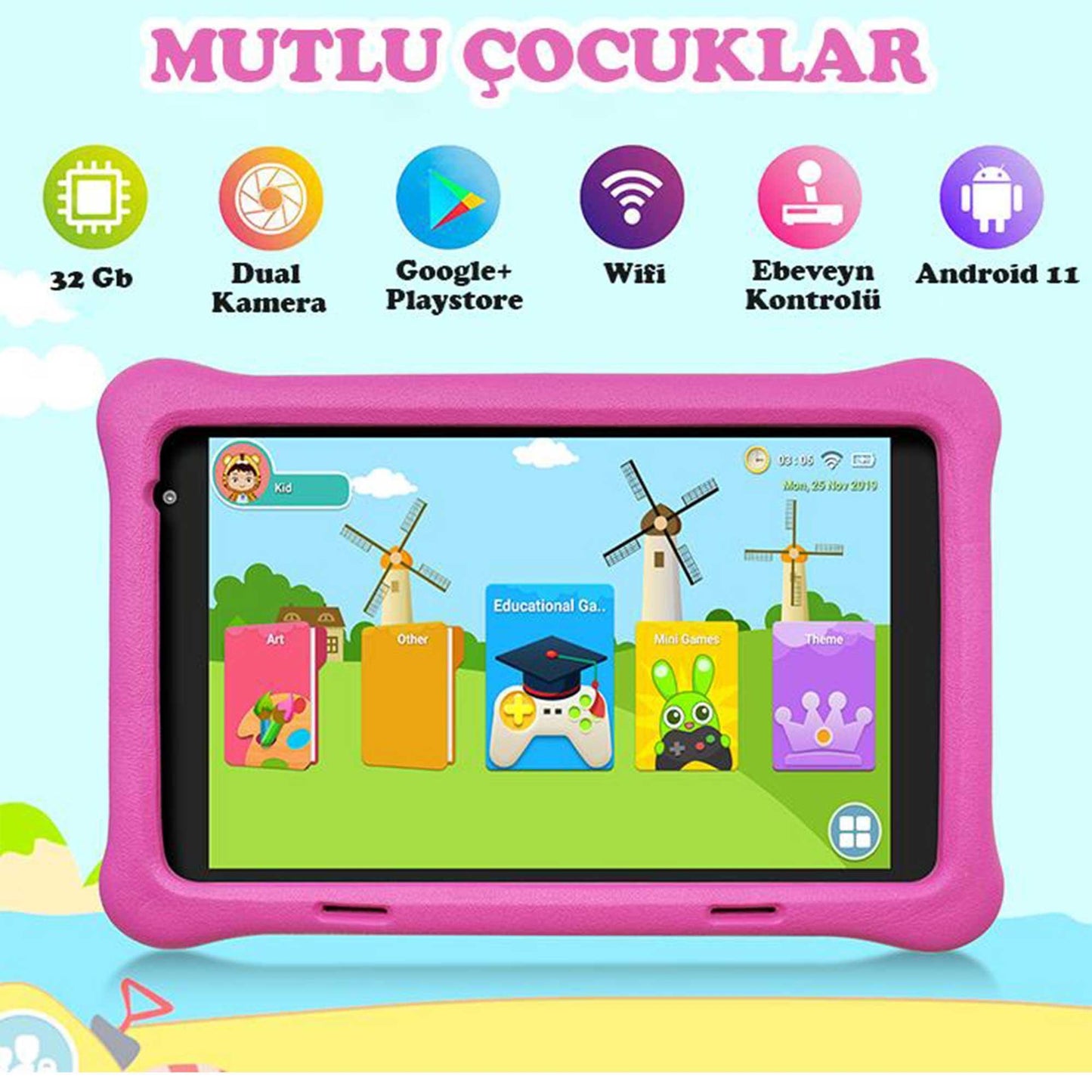 NPO 8" IPS Ekran 2GB 32GB Android 13.0 A133P 1.8GHz Antişok Çocuk Tableti, Kids Tablet Pembe RS407