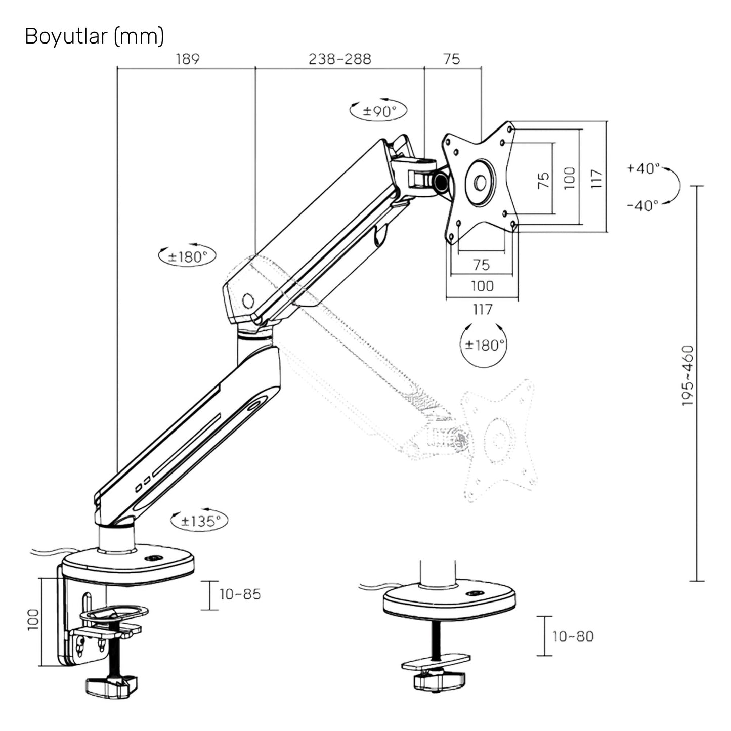 NPO STD54012HLW Elysium 27"-45" Profesyonel Gaming RGB Amortisörlü VESA Tek Kol Monitör Tutucu