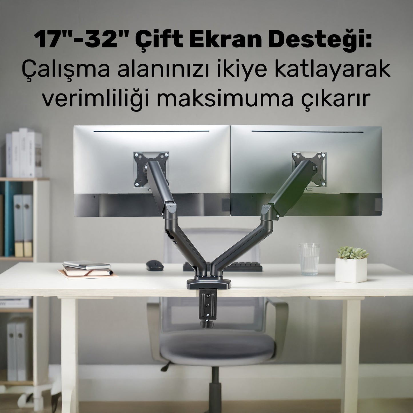 NPO STD46024E Airgrip 17"-32" Ergonomik 360° Amortisörlü VESA Çift Kol Monitör Tutucu