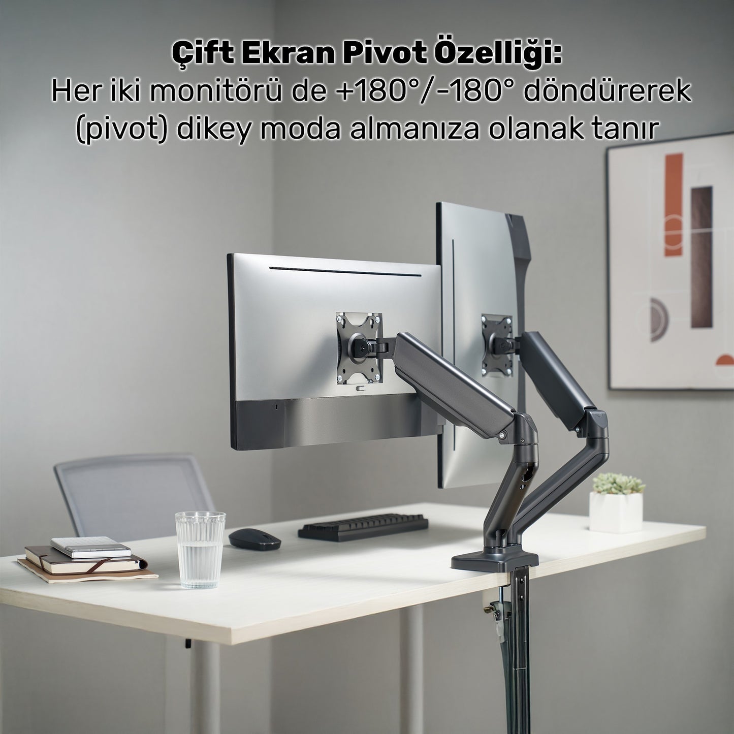 NPO STD46024E Airgrip 17"-32" Ergonomik 360° Amortisörlü VESA Çift Kol Monitör Tutucu