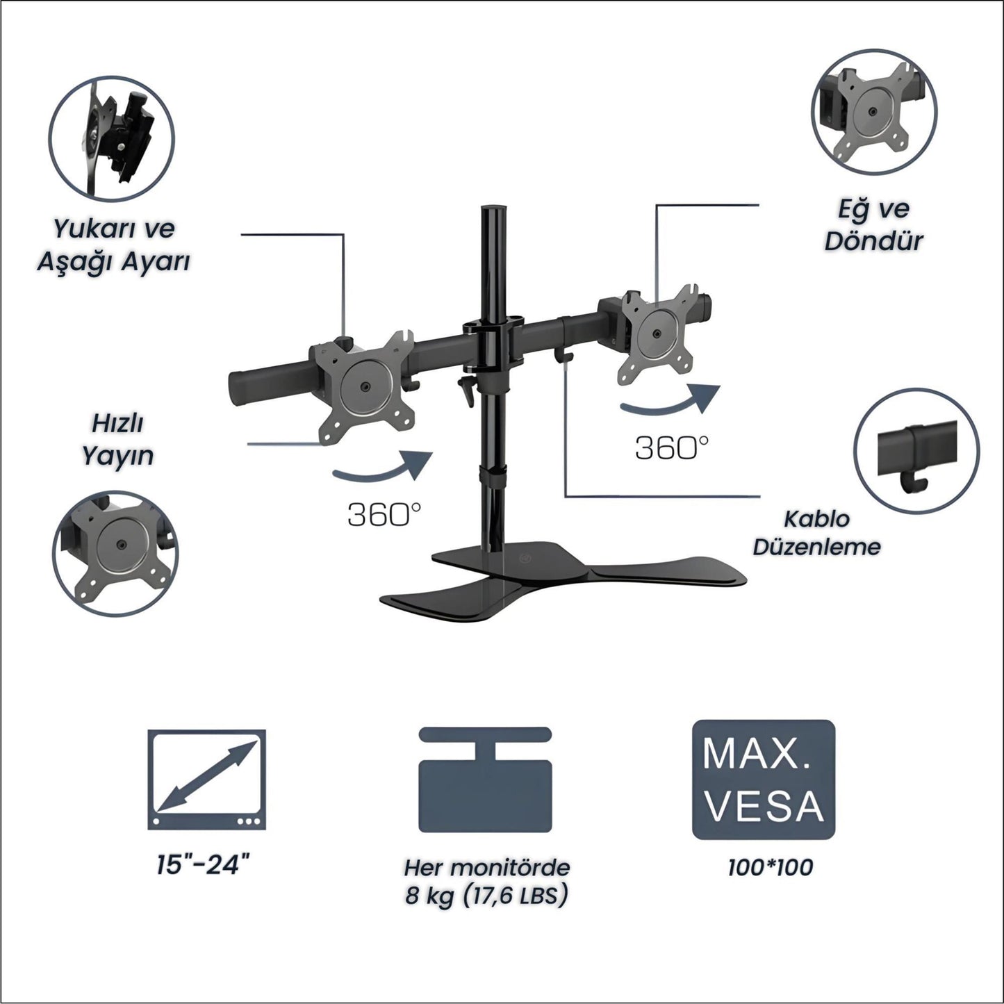 NPO STD320S Çift Kol 15"-24" Monitör ve TV Tutucu Stand - Siyah