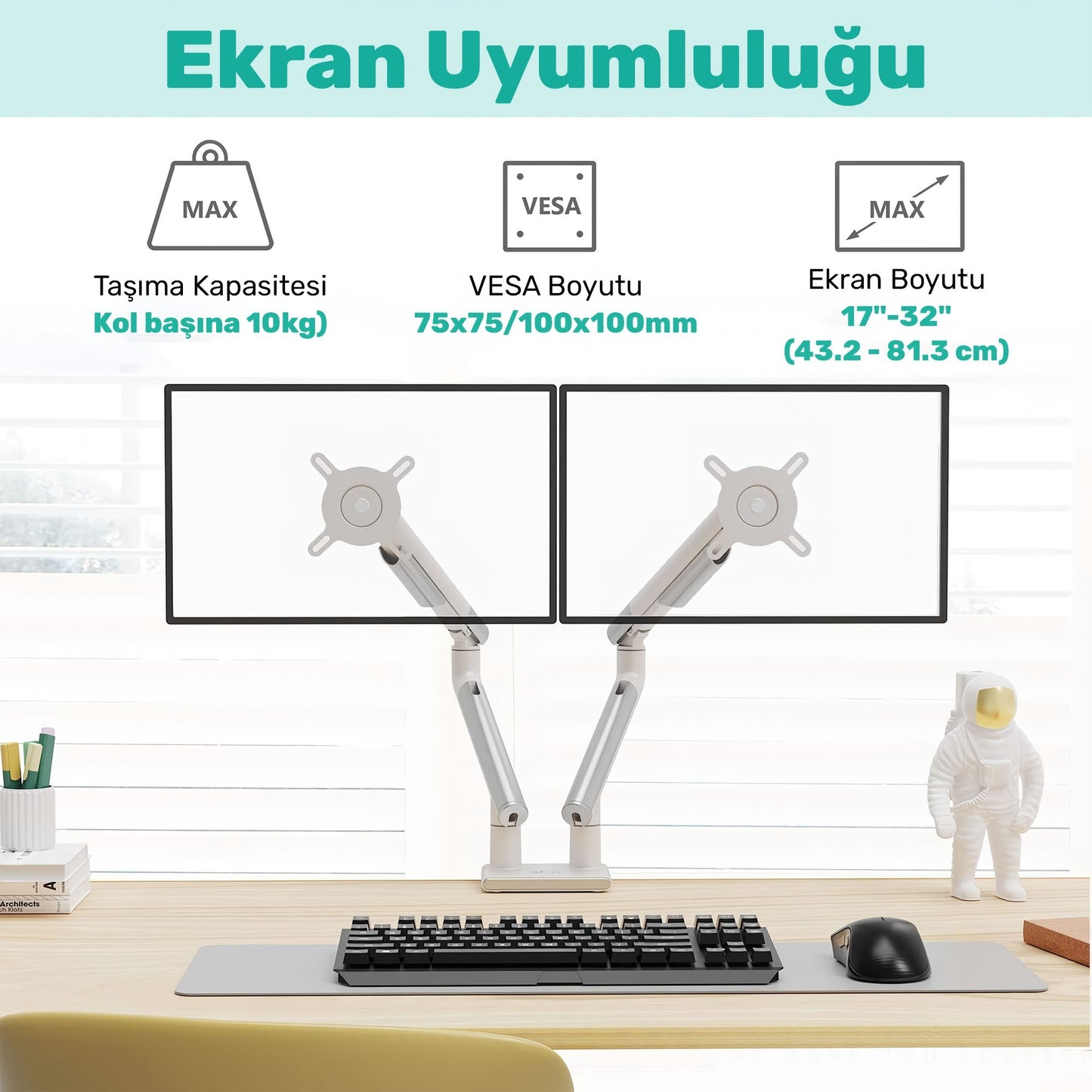 NPO STD49024W Elysium 17"-32" Ultra İnce Tasarım Alüminyum Amortisörlü VESA Çift Kol Monitör Tutucu