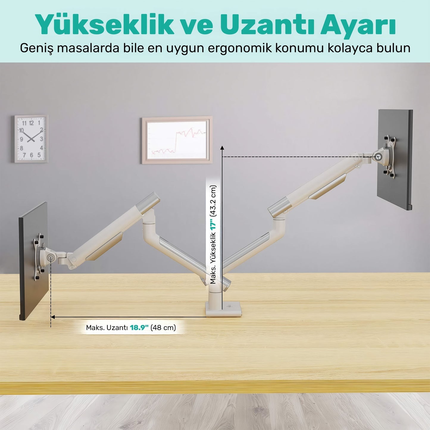 NPO STD49024W Elysium 17"-32" Ultra İnce Tasarım Alüminyum Amortisörlü VESA Çift Kol Monitör Tutucu