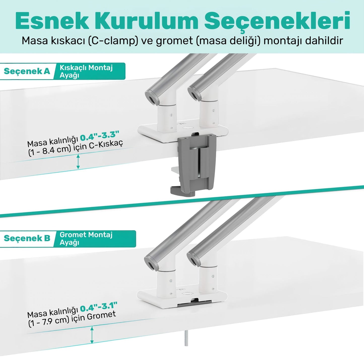 NPO STD49024W Elysium 17"-32" Ultra İnce Tasarım Alüminyum Amortisörlü VESA Çift Kol Monitör Tutucu