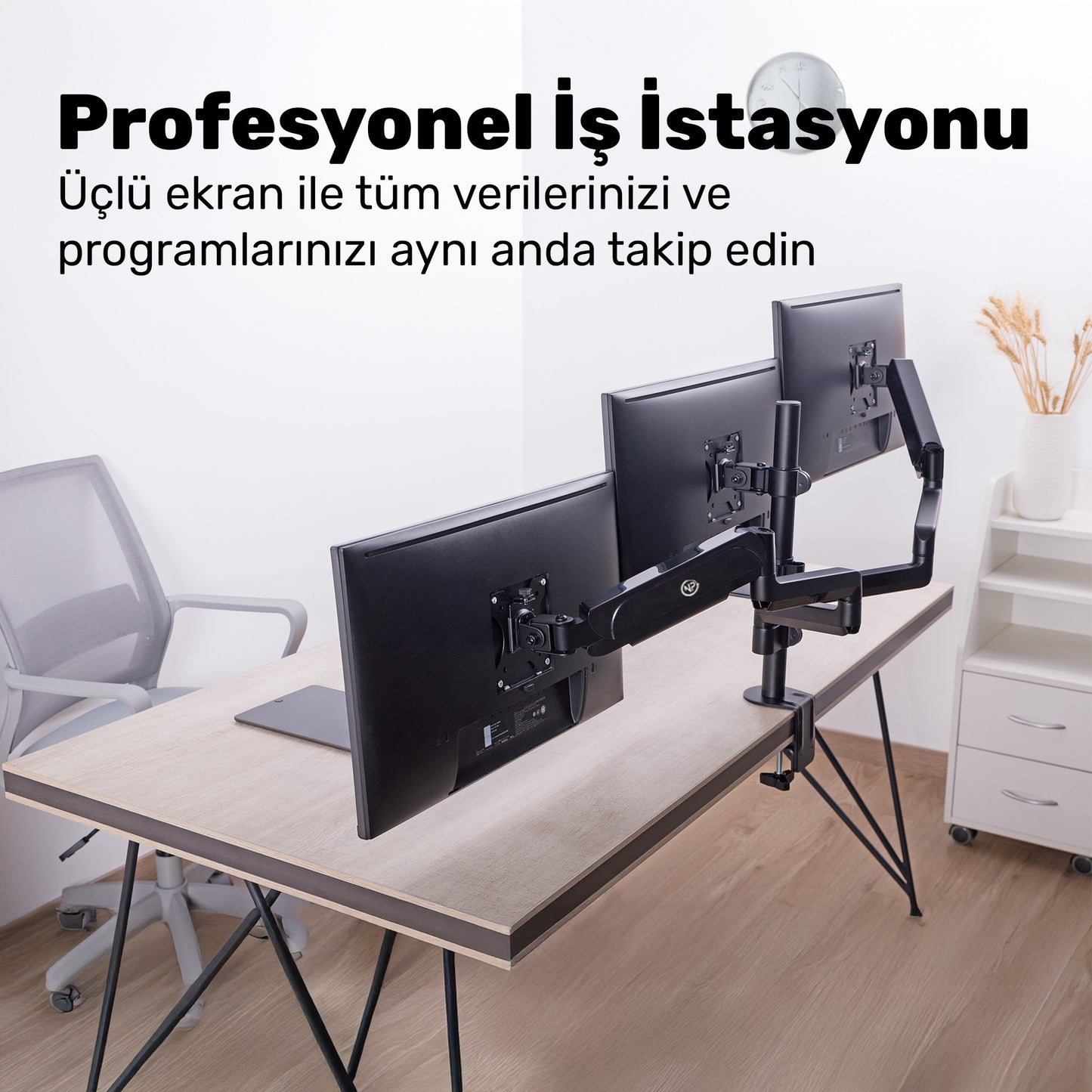 NPO STD48036E Airgrip 17"-27" Ergonomik 360° Amortisörlü VESA Üçlü Kol Monitör Tutucu