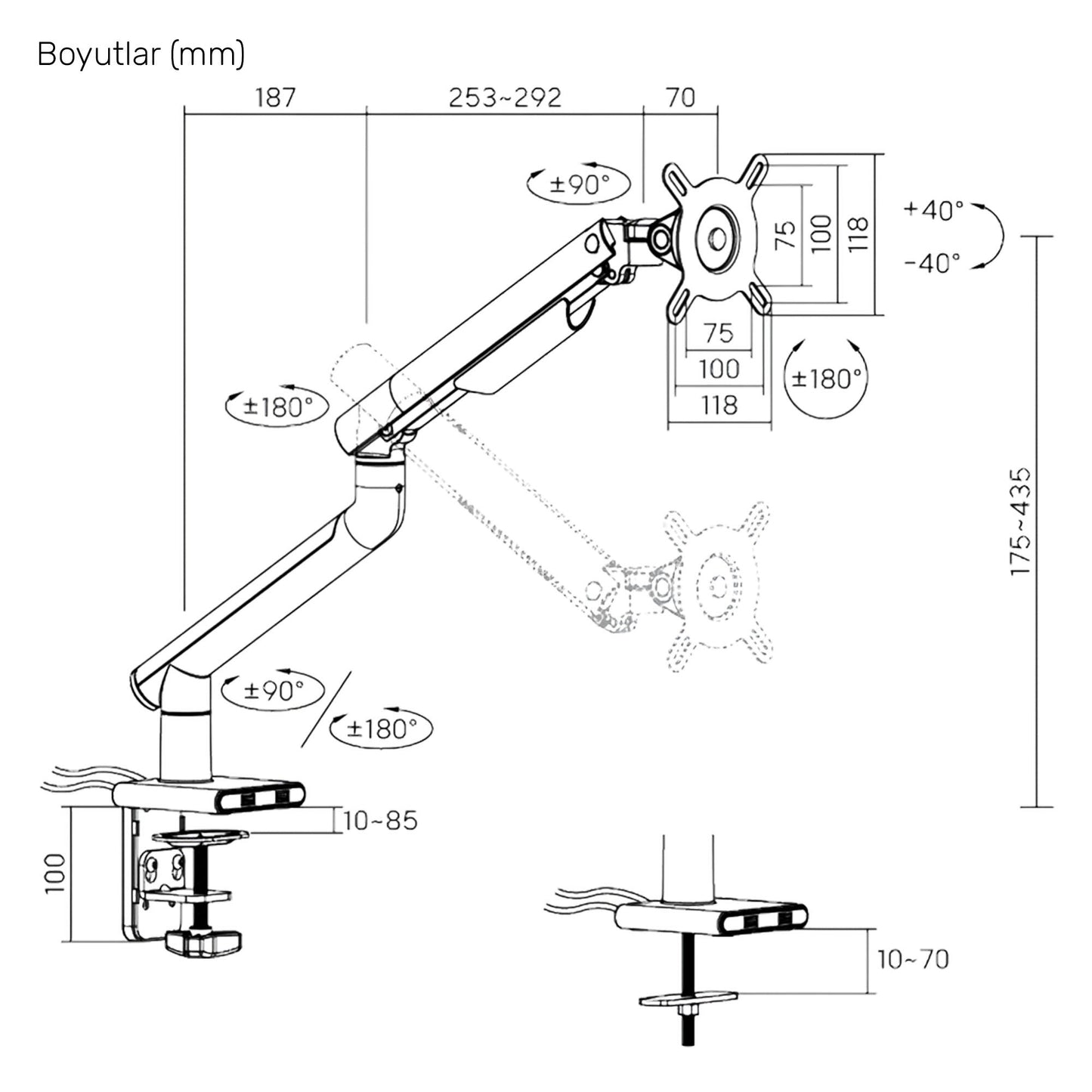 NPO STD49012UW Elysium 17"-32" Ultra Slim Alüminyum 2xUSB Amortisörlü VESA Tekli Monitör Tutucu