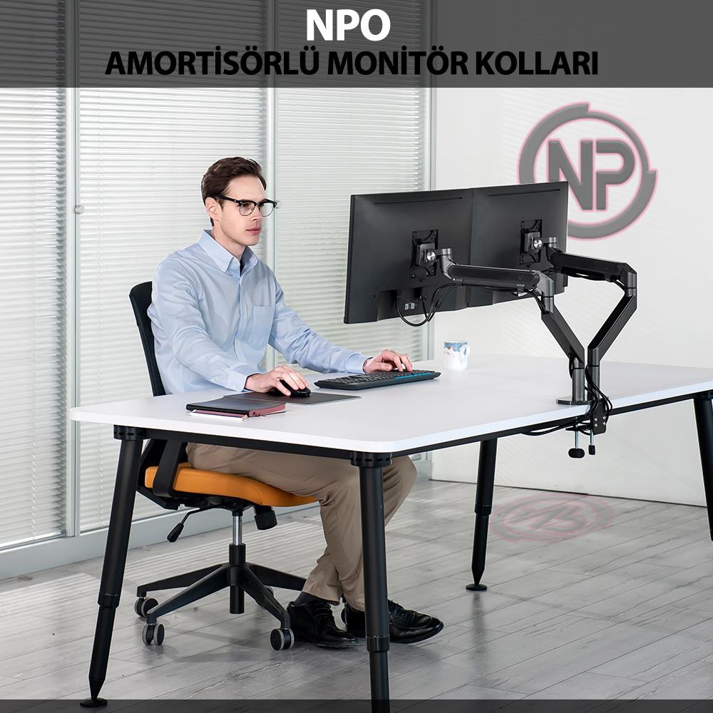 NPO STD7080G 10"-27" Alüminyum Amortisörlü VESA Monitör Tutucu Çift Kol Koyu Gri