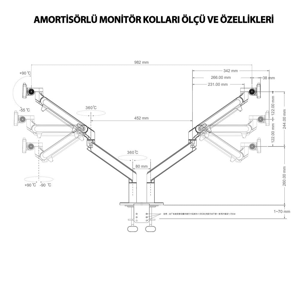 NPO STD7080G 10"-27" Alüminyum Amortisörlü VESA Monitör Tutucu Çift Kol Koyu Gri