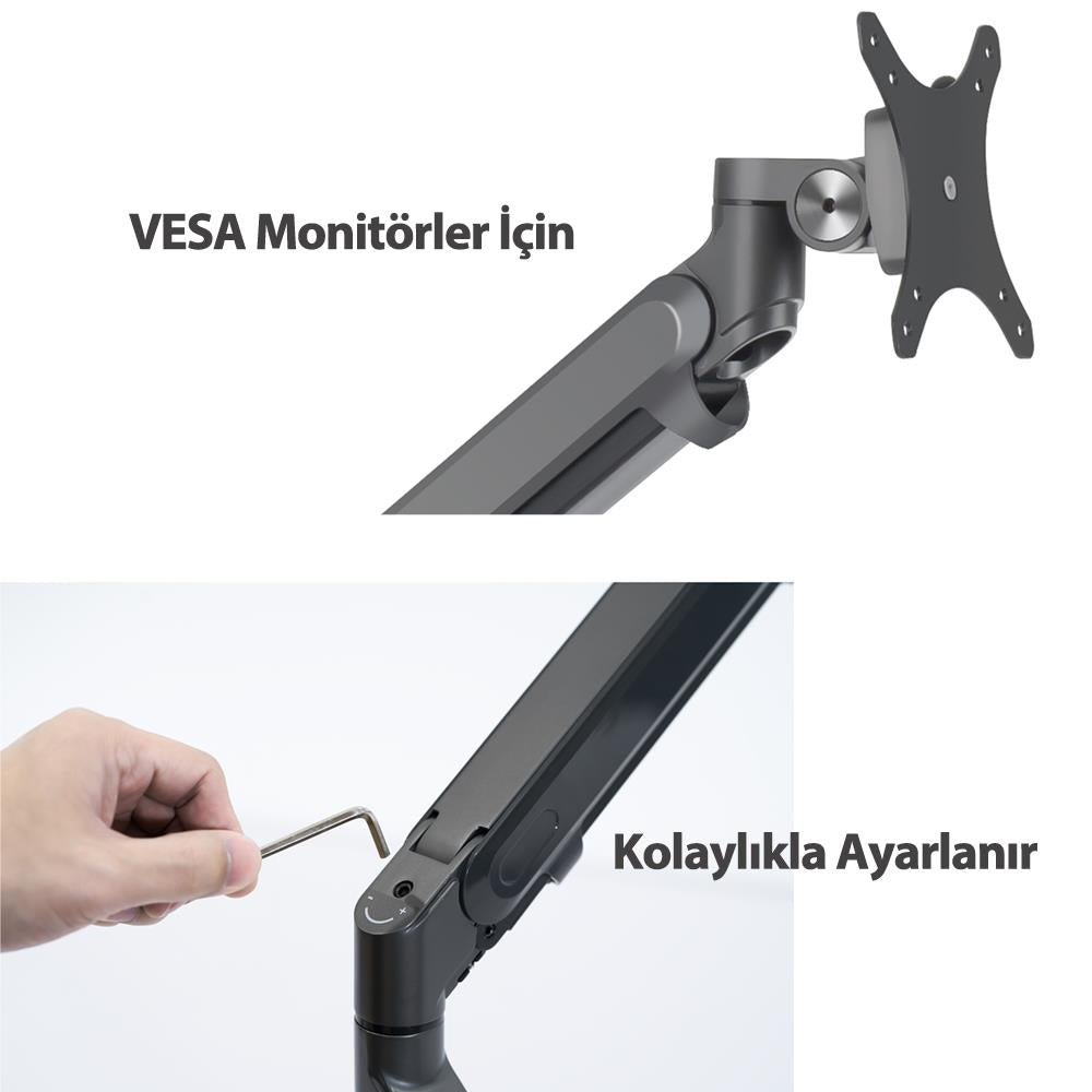 NPO STD7080G 10"-27" Alüminyum Amortisörlü VESA Monitör Tutucu Çift Kol Koyu Gri