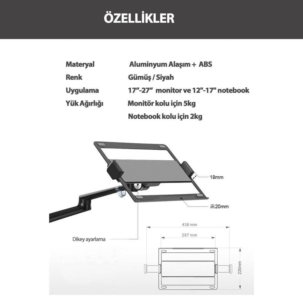 NPO STD7086G 10"-27" Notebook Stand ve Amortisörlü Vesa Monitör Tutucu Kol