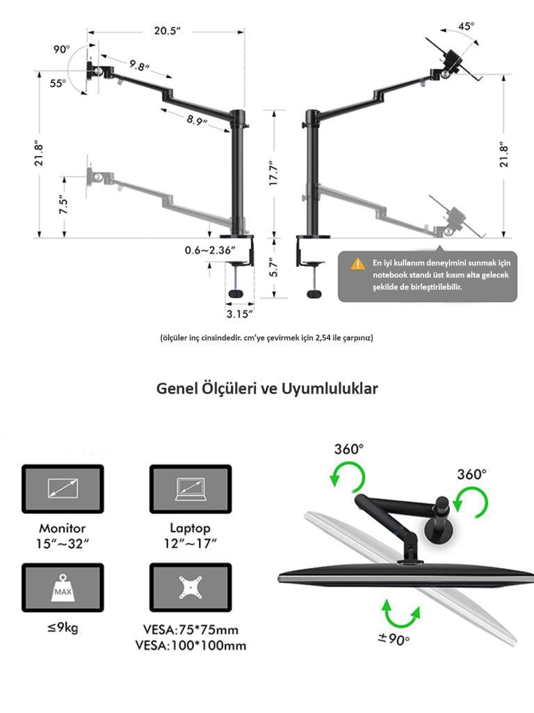 NPO STD7093 10"-27" Notebook Stand ve Vesa Monitör Tutucu Çift Kol- Koyu Gri