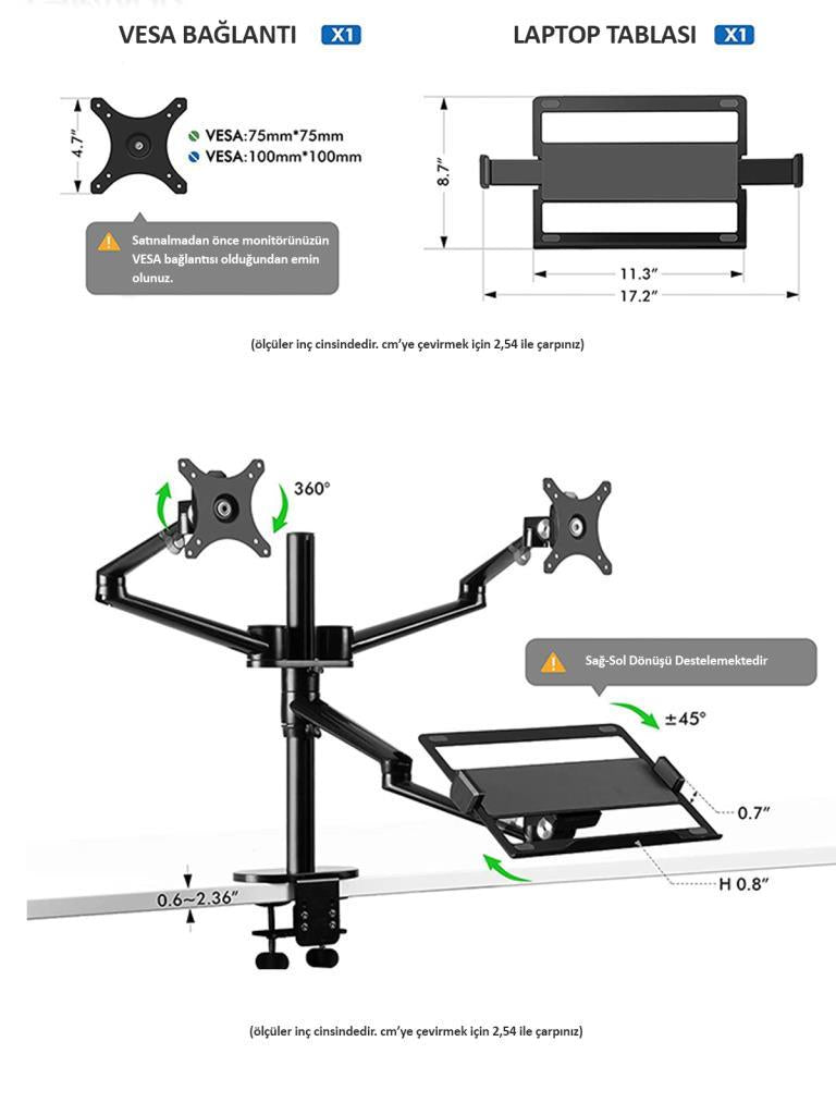 NPO STD7093 10"-27" Notebook Stand ve Vesa Monitör Tutucu Çift Kol- Koyu Gri