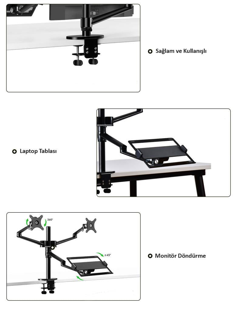 NPO STD7093 10"-27" Notebook Stand ve Vesa Monitör Tutucu Çift Kol- Koyu Gri