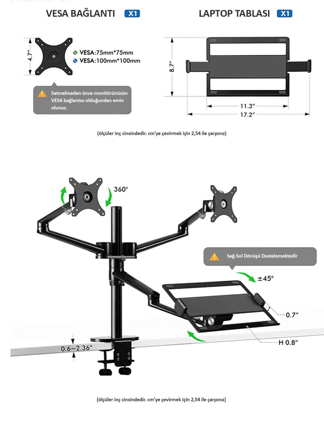 NPO STD7093S 10"-27" Notebook Stand ve Vesa Monitör Tutucu Çift Kol-Gümüş Gri