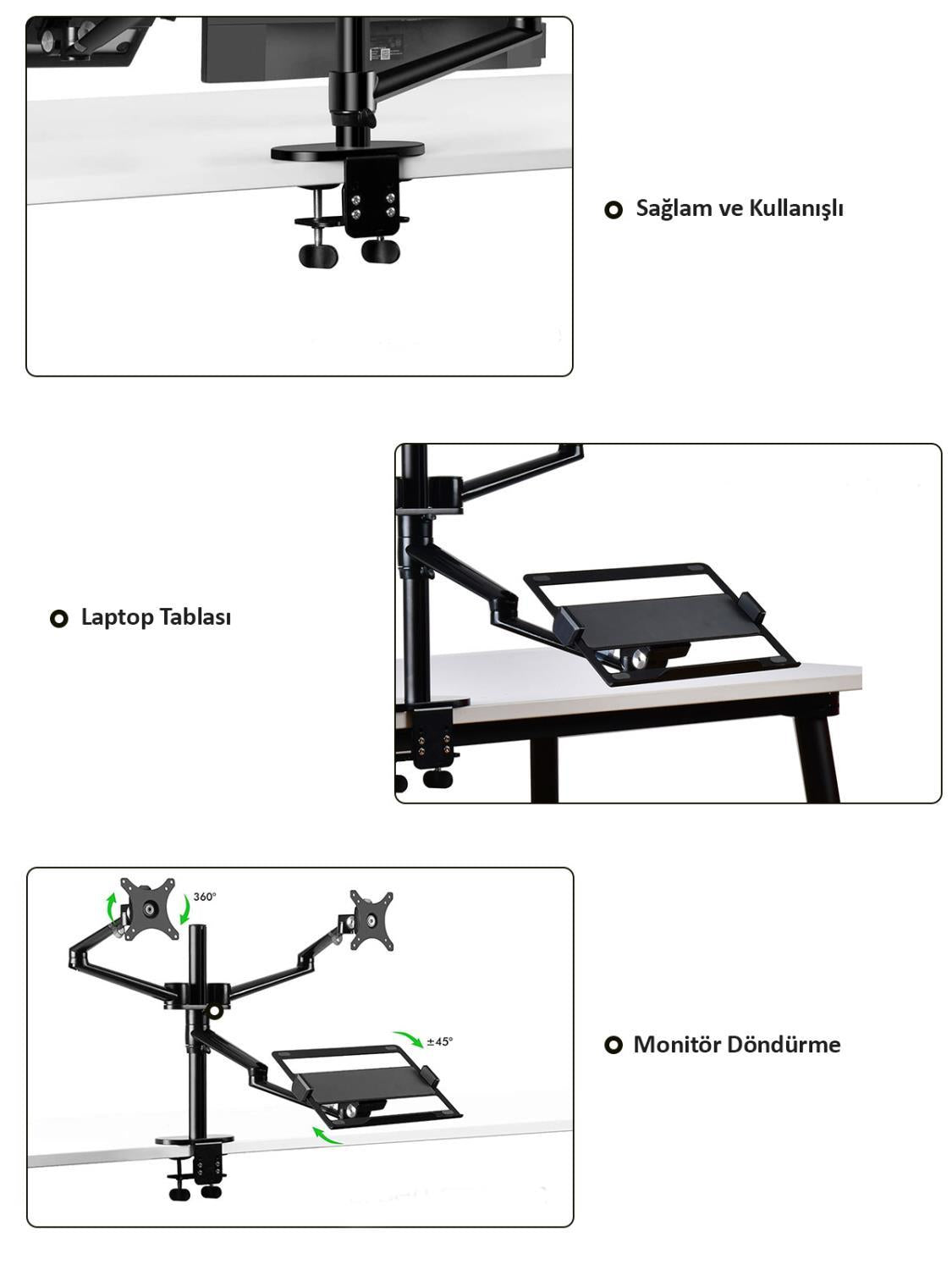 NPO STD7093S 10"-27" Notebook Stand ve Vesa Monitör Tutucu Çift Kol-Gümüş Gri