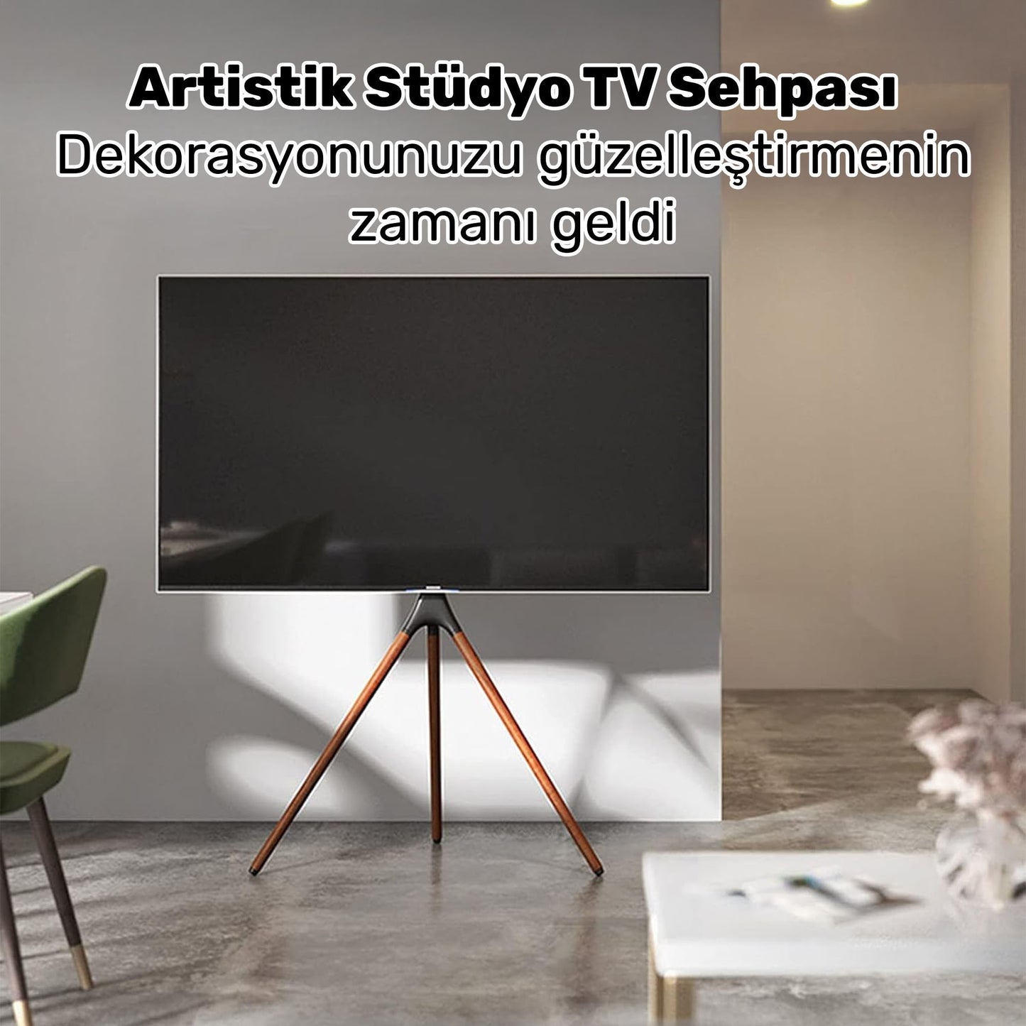 NPO STD1246F 45"-65" VESA Uyumlu Ahşap Ayaklı 360° Dönebilen Dekoratif Taşınabilir TV Standı