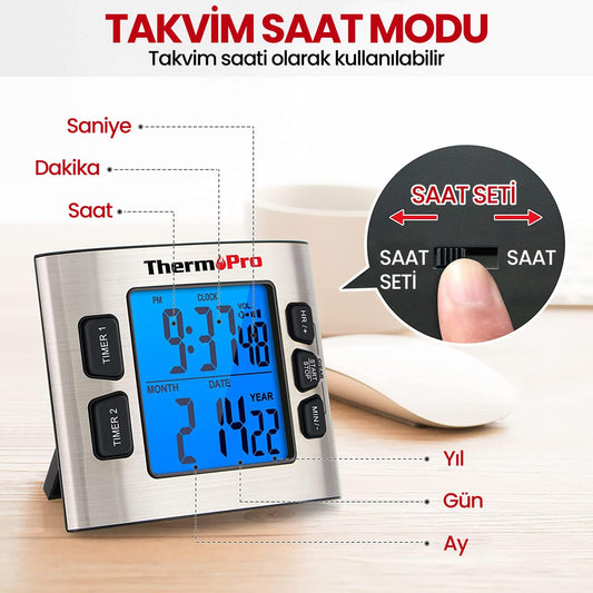 ThermoPro TM02 Mutfak, Spor, Ders için Alarmlı, Işıklı, Çift Geri Sayımlı Kronometre ve Dijital Saat