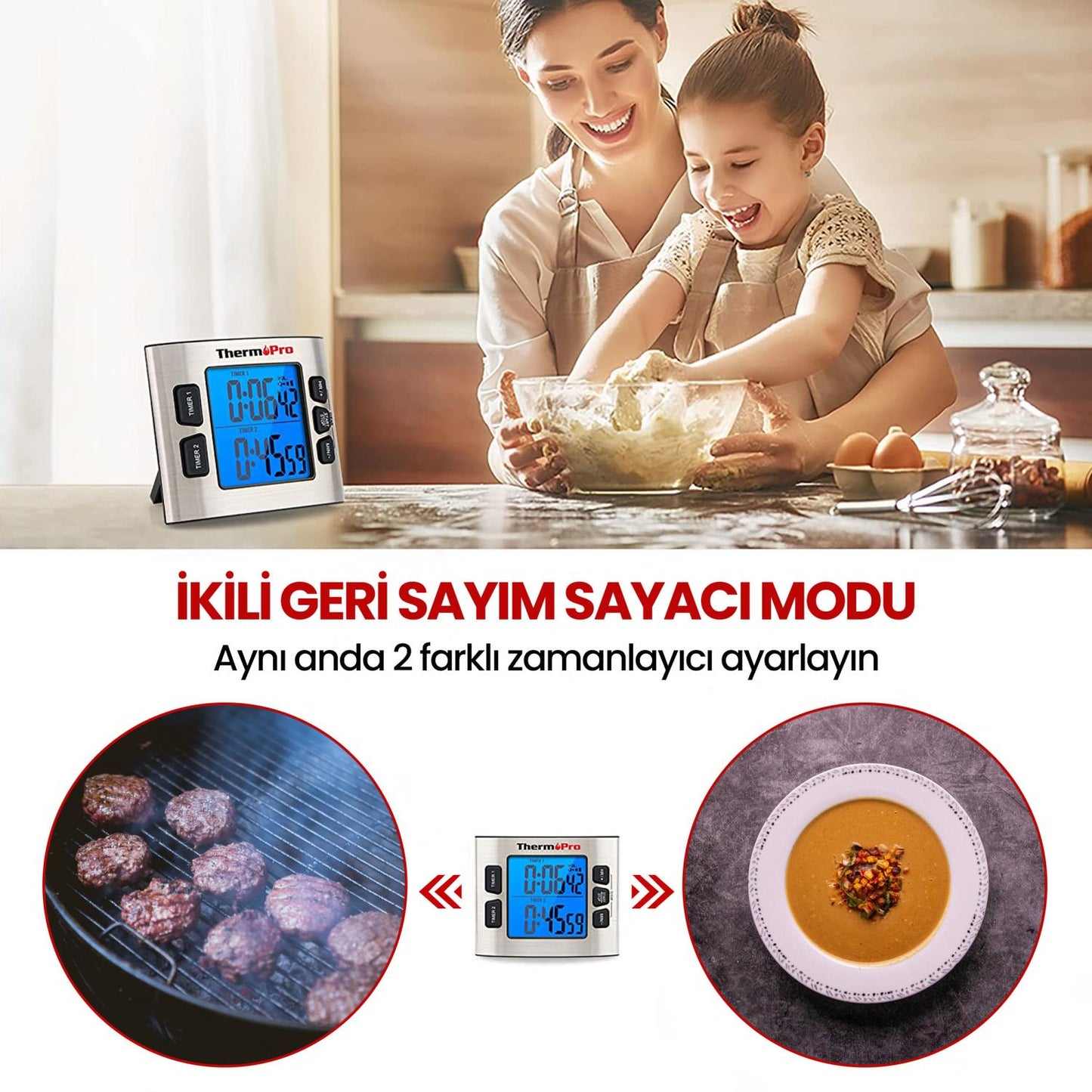 ThermoPro TM02 Mutfak, Spor, Ders için Alarmlı, Işıklı, Çift Geri Sayımlı Kronometre ve Dijital Saat